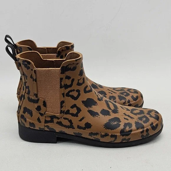 Hunter Original Refined Chelsea Leopard Print Rain Boots Tan Black US 10 UK 8 - Picture 7 of 11